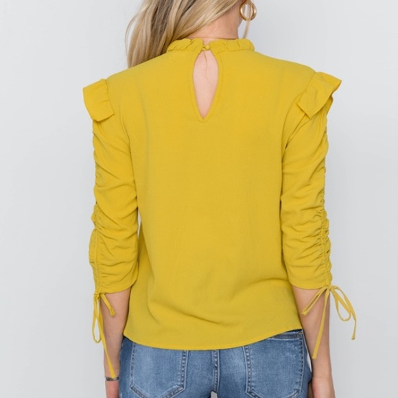 NWT Mustard Yellow Ruffle + ruched sleeve blouse - Picture 4 of 7